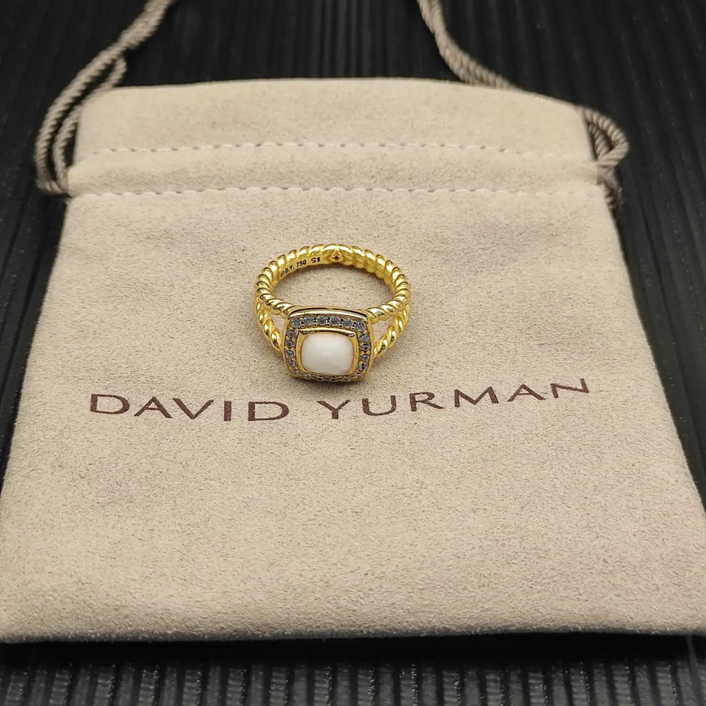 David Yurman White Agate and Gold Square Diamond Ring